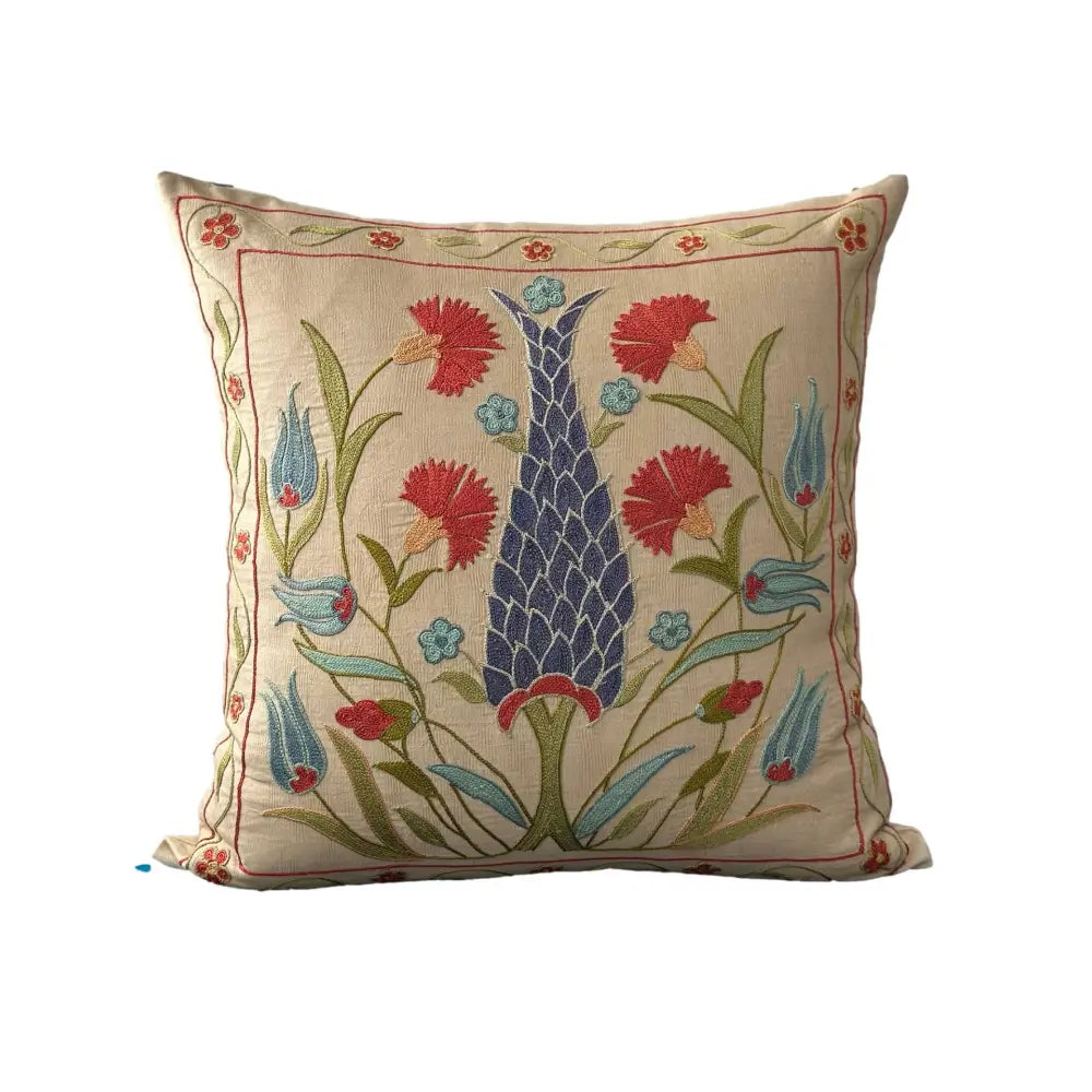 Housse de coussin carrée Suzani - Œillets et tulipes
