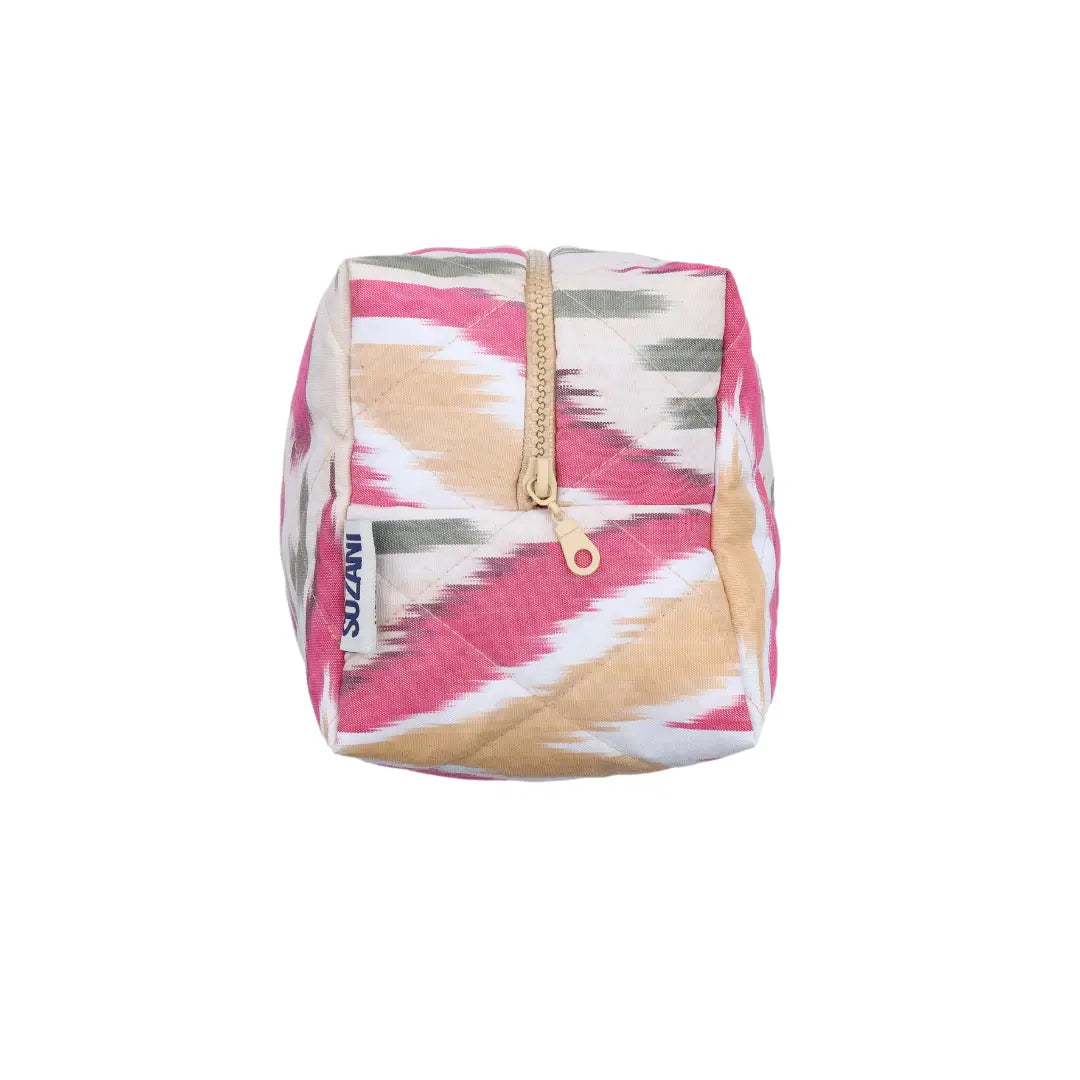 Grande trousse IKAT matelassée - Framboise, beige et kaki
