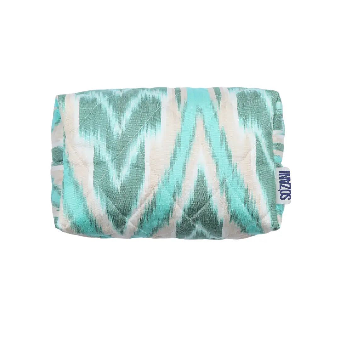 Grande trousse IKAT matelassée - Turquoise et beige