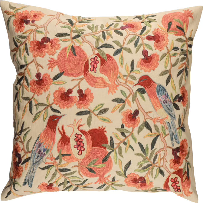 Housse de coussin carrée Suzani - Grenades et oiseaux - Beige