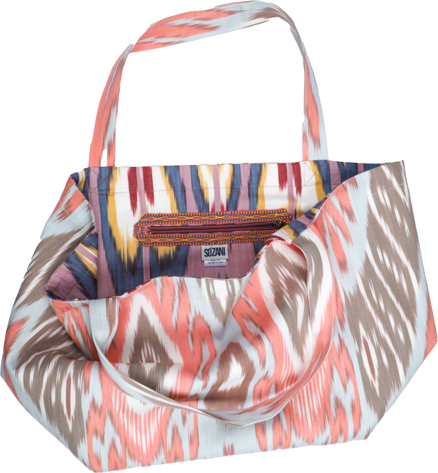 Sac cabas IKAT - Corail, marron et gris