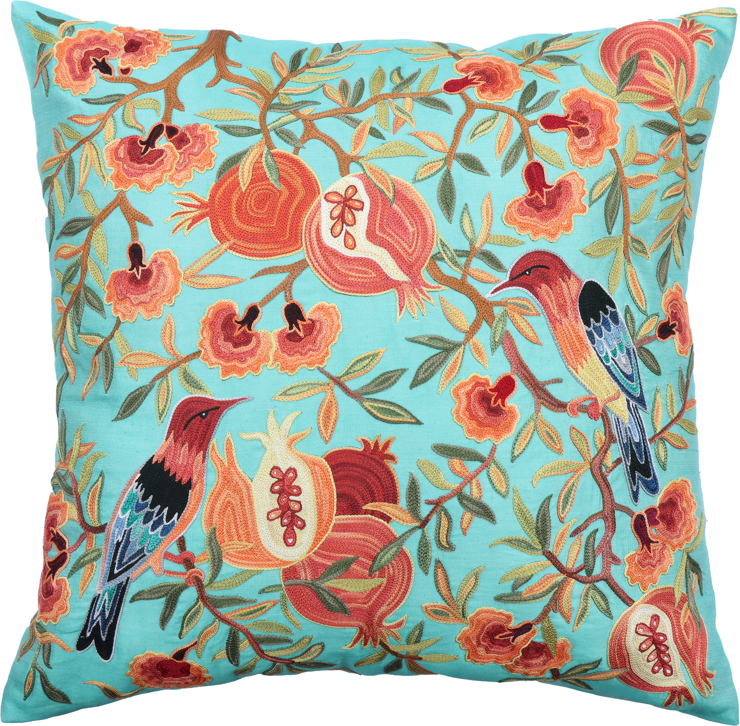 Housse de coussin carrée Suzani turquoise - Grenades et oiseaux
