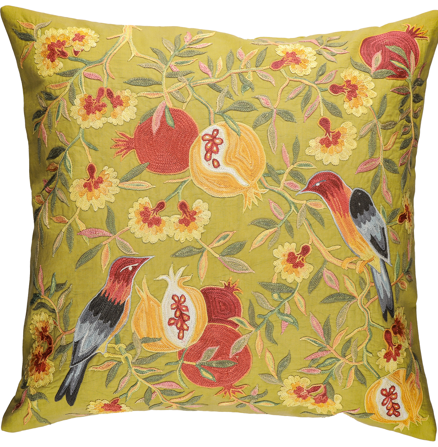 Housse de coussin carrée Suzani verte - Grenades et oiseaux