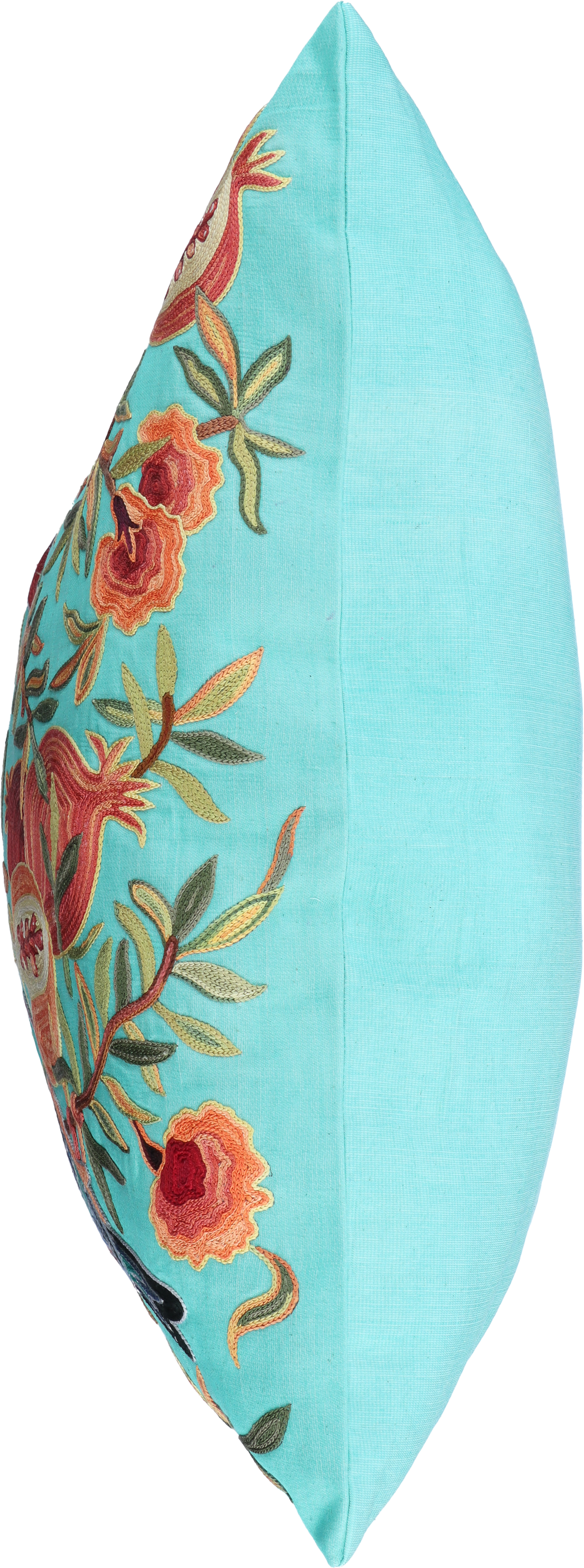 Housse de coussin carrée Suzani turquoise - Grenades et oiseaux