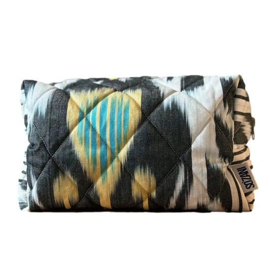 Grande trousse IKAT matelassée - Noire, blanche et jaune