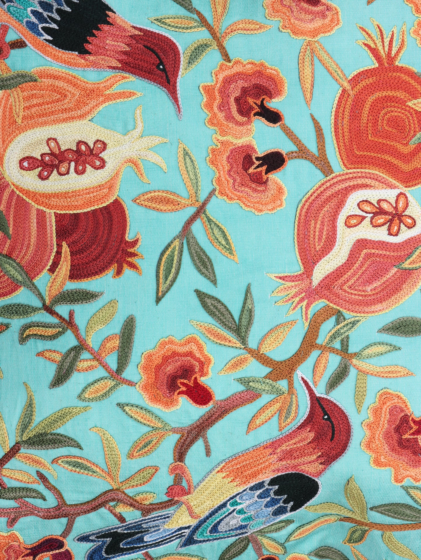 Housse de coussin carrée Suzani turquoise - Grenades et oiseaux
