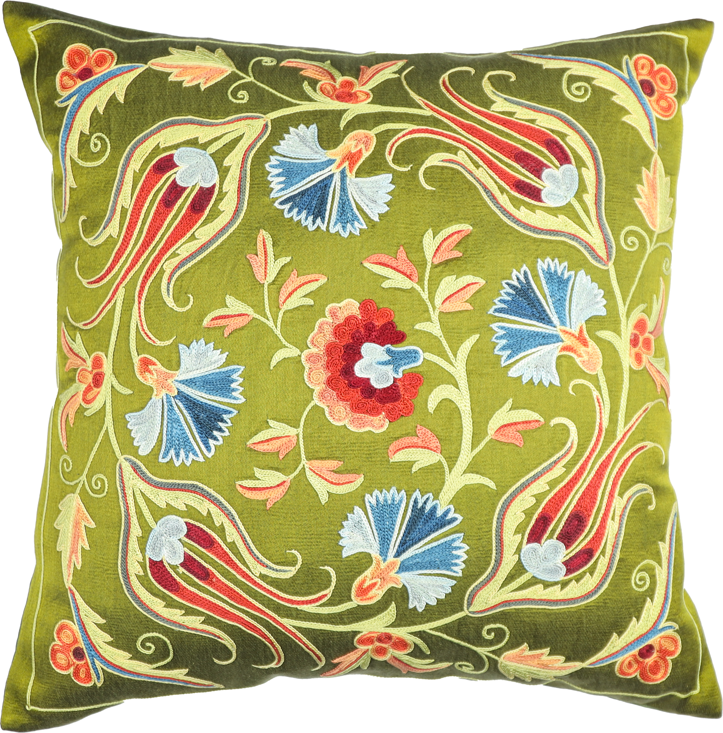 Housse de coussin carrée Suzani verte - Fleurs