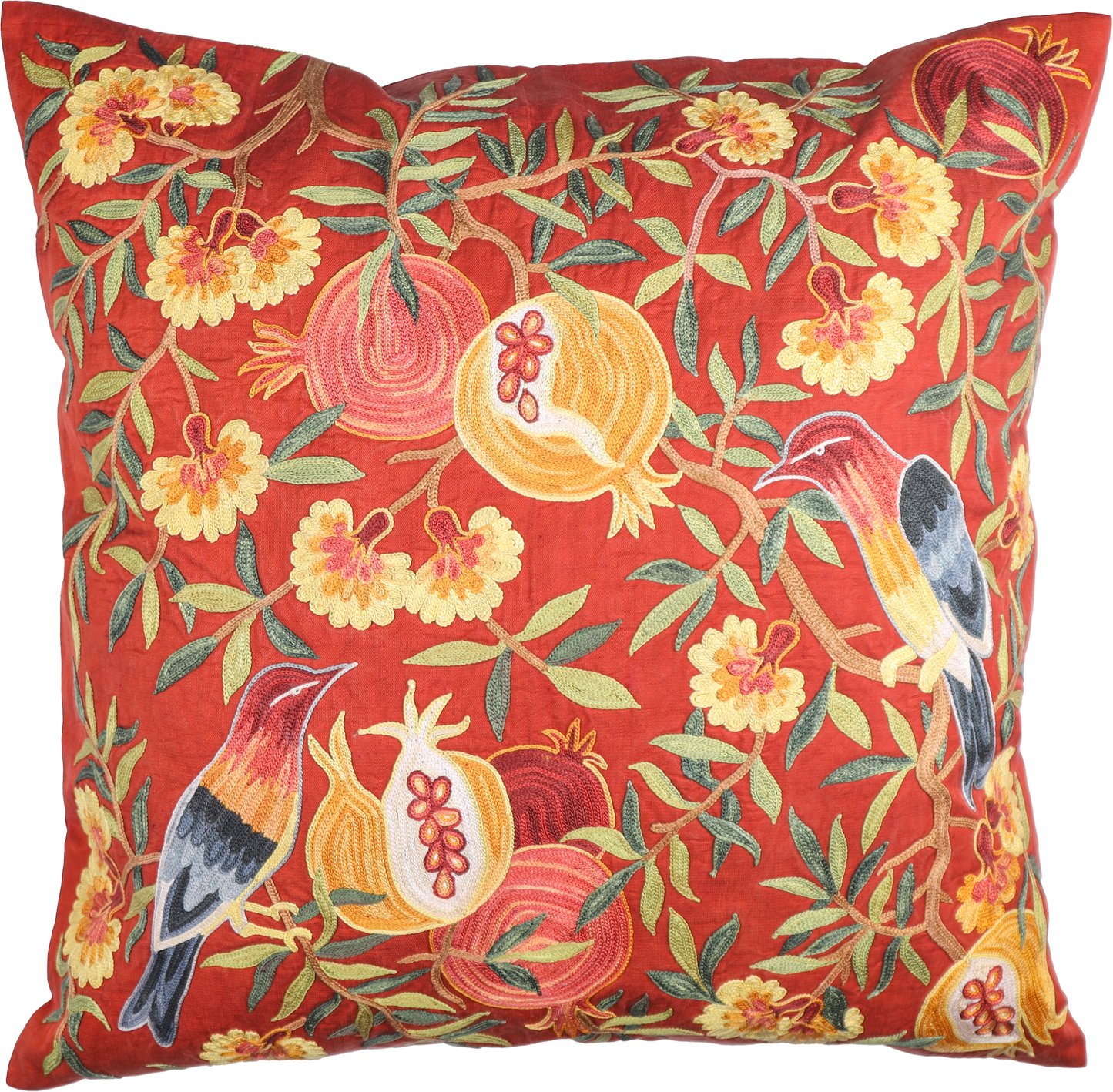 Housse de coussin carrée Suzani rouge - Grenades et oiseaux